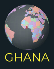 World map centered to Ghana. Red country highlighted. Satellite world view centered to country with name. Vector Illustration.