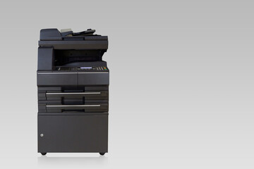 front view black and white copier on white background, technology, object, office, work, copy space