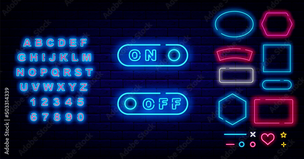 Fototapete on off switch neon sign set. frames collection. shiny blue alphabet. user navigation element. vector