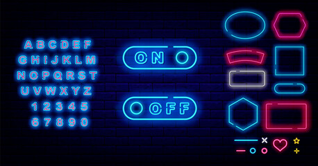 On off switch neon sign set. Frames collection. Shiny blue alphabet. User navigation element. Vector stock illustration