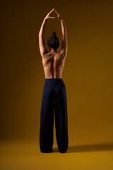 Back view of sporty female practicing yoga pose at studio. Flexible girl with bar back standing,...