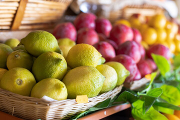 Fresh lemons for sale in the market. Fresh citrus.