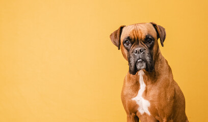 Boxer dog looking at the camera while standing over an isolated yellow background.