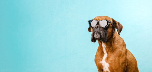 Boxer dog wearing sunglasses while standing on an isolated light blue background. - obrazy, fototapety, plakaty
