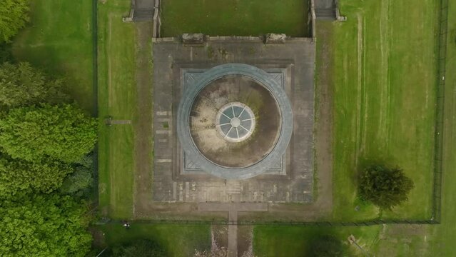 Asceding Top Down Aerial Shot Of The Hamilton Mausoleum, Scotland