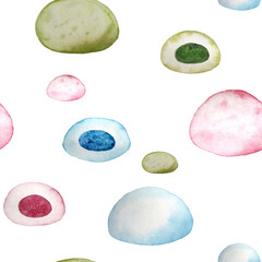 Watercolor collection of Japanese dessert mochi tangyuan - pink, yellow, green ( matches), blue and cut mochi with pink, yellow, blue, green filling and red azuki bean paste. Isolated set. Rice balls.