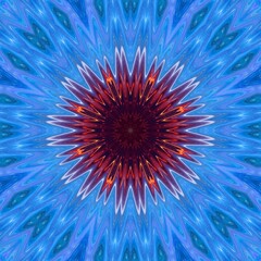 Space nebula outline concept in beautiful style of blooms and flowers. Blue in color with a combination of red. Kaleidoscope shapes, seamless patterns, fractal art and mandalas
