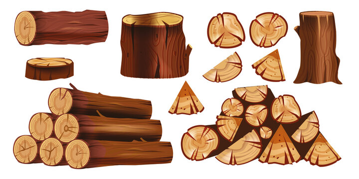 Tree trunk vector set, wooden log stump nature object kit, cartoon cross-section, cut timber, bark. Cut firewood pile, forest oak ring, woodcutter clipart isolated on white. Tree trunk material icon