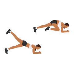 Obraz premium Woman doing knee to elbow kickback exercise. Flat vector illustration isolated on white background