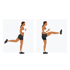 Fototapeta na wymiar Woman doing forward leg swings holding on the wall exercise. Flat vector illustration isolated on white background