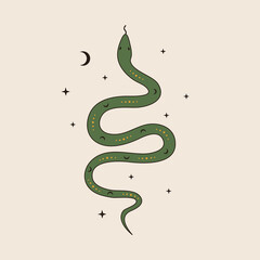 70s vector psychedelic snake tattoo. Retro groovy graphic element. Cartoon mystic sticker. Vintage boho illustration