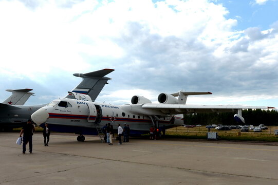 Russian amphibious aircraft (flying boat) Be-200ChS for extinguishing fires at the MAKS-2021 International Air Show in Zhukovsky, Russia