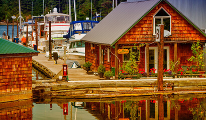 Maple Bay Marina wooden homes in Genoa Bay - Vancouver Island - Canada.