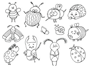 vector set of line drawing cute bugs, beetles, coloring page