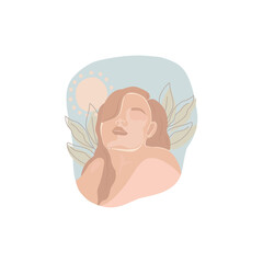 Abstract Woman portrait. Minimalist Girl Printable Art with Leaves. Pastel tone. Boho Decor Art. Vector illustration for poster design for wall art, greeting card in a minimalistic style