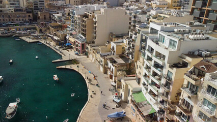 St Julien, Malta - April 20, 2022: Aerial view of Spinola Bay in St Julien, Malta Island