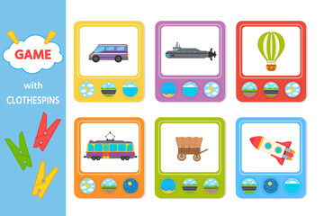 Educational game for kids with clothespins. Match the transport going, floating, flying. Vector illustration. Activity for pre school years kids and toddlers