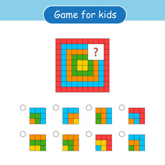 Logical puzzle game. Attention tasks for children. Find the element hidden behind the white square. IQ training test. Worksheet.