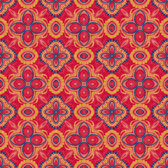 Indian boho summer bandana seamless symmetrical pattern. Versatile masculine red blue scarf print in kaleidoscopic floral ornamental style.