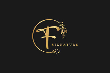 luxury signature initial F isolated circle flower logo design. Handwriting vector logo design illustration image