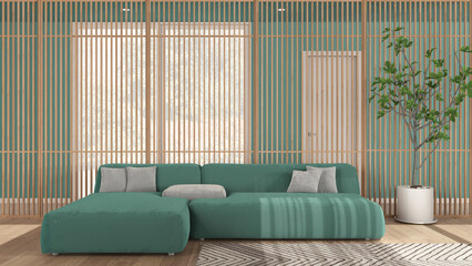 Minimalist modern living room in turquoise tones, velvet sofa with pillows, wooden panel in the background, carpet, parquet floor. Panoramic window and potted plant. Interior design