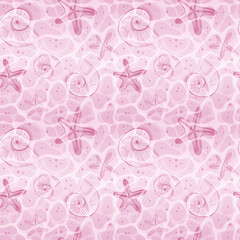 Sea, ocean water ripples surface with starfish and seashells on beige sand. Seamless pattern vector illustration.