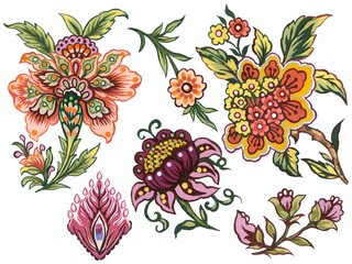 Floral decorative elements in jacobean damask embroidery style, fantasy fower illustration element isolated on white © HoyaBouquet