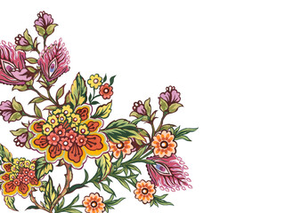 Floral decorative elements in jacobean damask embroidery style, fantasy fower illustration border banner frame label