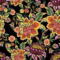 Floral decorative elements in jacobean damask embroidery style, fantasy fower illustration seamless pattern, vintage, old, retro style