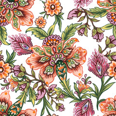 Floral decorative elements in jacobean damask embroidery style, fantasy fower illustration seamless pattern, vintage, old, retro style