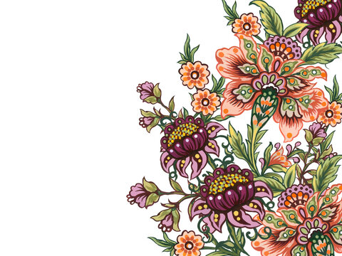 Floral decorative elements in jacobean damask embroidery style, fantasy fower illustration border banner frame label