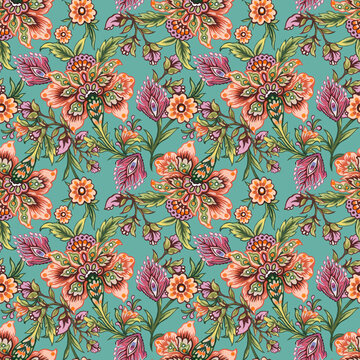 Floral decorative elements in jacobean damask embroidery style, fantasy fower illustration seamless pattern, vintage, old, retro style