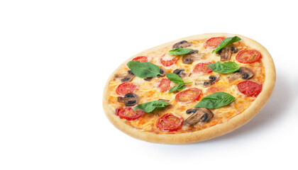 Levitating margherita pizza with mushrooms and basil on a white isolated background