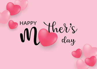 Happy Mother's day greeting card. Design with balloon hearts on pink  background. vector.