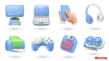 Computer devices 3d render vector icon set. Computer, laptop, smartphone, headphones, printer, game console, floppy disk, video card - 503320952