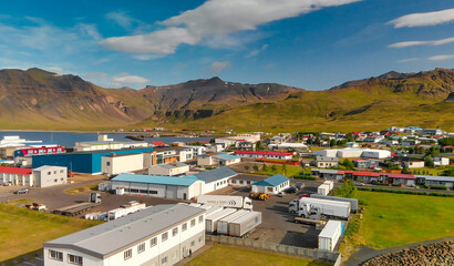 Aerial view of beautiful Grundar Fjord in summer season, Iceland.