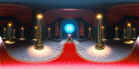 The King's throne hall with a blue circle lighting window is good in equirectangular projection and in 3D rendering with 360 degree spherical seamless VR Panorama HDRI environment map.