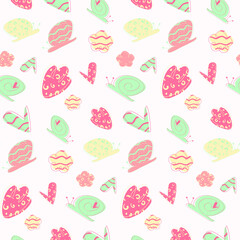 Snails, flowers vector pattern. Pink, blue, snails, flowers. Decorative flowers and snails. Cartoon style. Wrapping paper.
