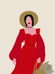 A young lady in a straw hat and with a straw bag. Attractive girl in a red dress with dark hair. Design for postcards, avatars, posters, backgrounds, templates, textiles.