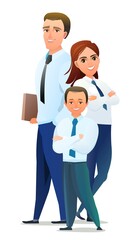 Family of Successful businessman. Cheerful persons in standing pose. Man women and child son in business shirt tie. Cartoon comic style flat design. Separate character. Illustration isolated. Vector