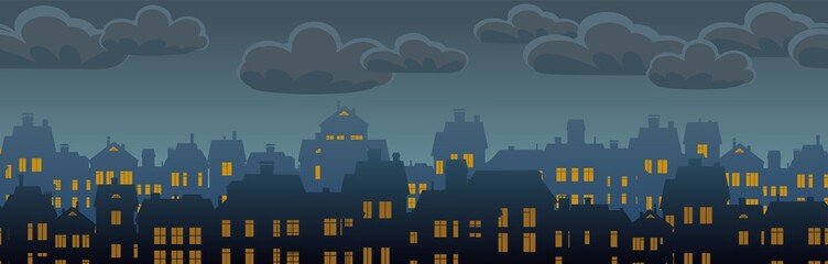 Naklejka premium Evening Small city houses residential quarters. Cityscape with buildings. Horizontal seamless composition. Housing silhouettes. Vector