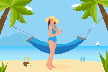 Beauty woman in hat and swimsuit apply suncream to shoulder. A sunscreen in hand.Beach landscape with sailboat, beach hammock, cocktail and flip flops.Vector flat colorful illustration