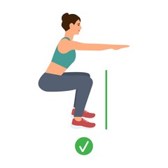 woman doing sport exercise. Physical training right squats.Correct posture.Vector Illustration isolated