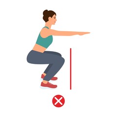 Woman doing sport exercise. Physical training wrong squats.Incorrect posture.Vector Illustration isolated