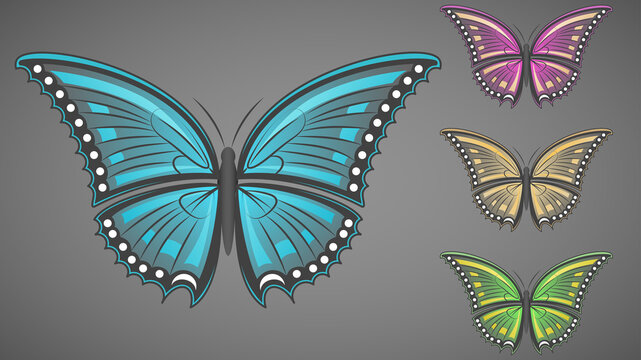 Set of exotic tropical butterflies on a dark background