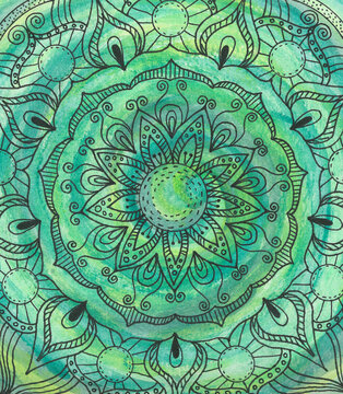 Hand drawn watercolor green floral mandala background