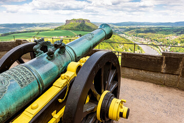 Königstein Fortress in Saxon Switzerland, Germany. View from the fortress wall. old cannon
