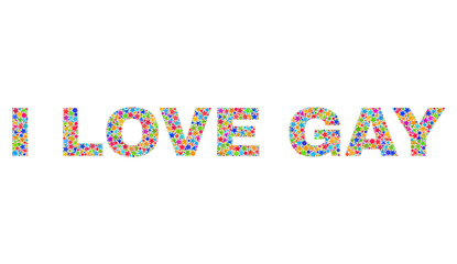 I LOVE GAY text with bright mosaic flat style. Colorful vector illustration of I LOVE GAY text with scattered star elements and small dots. Festive design for decoration titles.