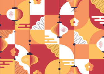 Seamless geometrical flat design pattern with asian lanterns, China New year background.