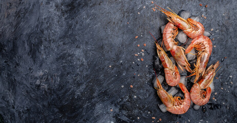 Shrimps, prawns. Seafood Red Argentine shrimps with ice, Wild shrimps, ocean jumbo shrimps. Long...